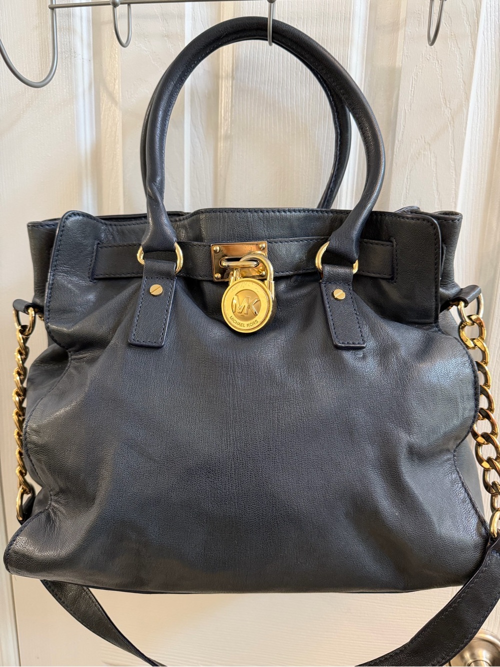 Michael Kors Hamilton Navy Blue Leather Satchel with Gold-Tone Chain Detail